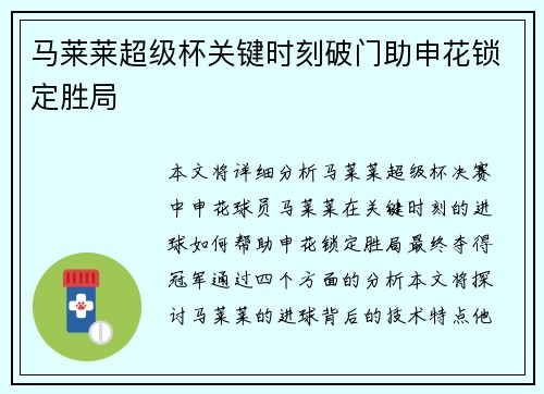 马莱莱超级杯关键时刻破门助申花锁定胜局
