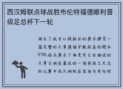 西汉姆联点球战胜布伦特福德顺利晋级足总杯下一轮 西汉姆联点球战胜布伦特福德顺利晋级足总杯下一轮