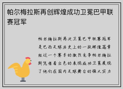 帕尔梅拉斯再创辉煌成功卫冕巴甲联赛冠军